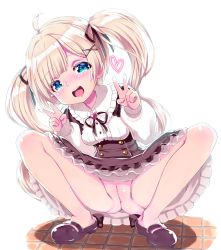 Rule 34 | 1girl, :d, absurdres, ahoge, anus, blonde hair, blush, breasts, character request, cleft of venus, copyright request, double v, female focus, frilled skirt, frills, full body, green eyes, hair ornament, hair ribbon, hairclip, hands up, heart, highres, long hair, long sleeves, looking at viewer, no panties, open mouth, puffy long sleeves, puffy sleeves, pussy, ribbon, shirt, shoes, simple background, skirt, smile, solo, spread legs, squatting, tatata, twintails, uncensored, underbust, v, white background, x hair ornament