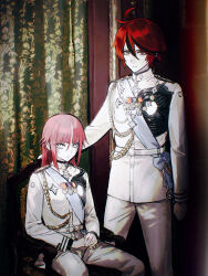 1boy 1girl absurdres aiguillette black_hair chair chinese_commentary closed_mouth commentary english_commentary facial_mark hair_between_eyes highres jacket kamyuhn long_sleeves looking_at_viewer medal military_uniform mixed-language_commentary multicolored_hair own_hands_together pale_skin pants pink_hair red_hair sitting standing streaked_hair sumino_takumi the_hundred_line_-last_defense_academy- white_eyes white_jacket white_pants yough42
