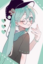 1girl 39 alternate_costume bespectacled black_hat black_shirt blue_eyes blue_hair blue_nails blush bracelet newsboy_cap commentary earrings glasses hat hatsune_miku highres hooded_shirt jewelry long_hair maca1227 one_eye_closed shirt short_sleeves solo vocaloid