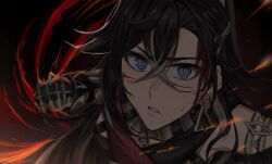 1girl 4reiji absurdres armlet bandeau black_bandeau black_gloves black_hair blonde_hair blonde_streaks blood blood_on_face blue_eyes breasts clenched_hand crossed_arms dark-skinned_female dark_background dark_skin dehya_(genshin_impact) earrings eyelashes fire genshin_impact gloves gold_trim hair_between_eyes hashtag-only_commentary highres jewelry light_particles long_hair looking_at_viewer multicolored_bandeau multicolored_hair parted_lips portrait red_bandeau single_earring slit_pupils solo sweatdrop teeth triangle_earrings two-tone_hair usekh_collar yellow_pupils
