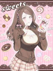 1girl blush border braid brown_eyes brown_hair cake cardigan cellphone checkerboard_cookie commentary cookie decoden donut food hair_ribbon heart highres index_finger_raised jewelry lace lace_border long_hair long_sleeves looking_at_viewer macaron moku_(moku_0_0) necklace original ornate_border pearl_necklace phone plaid_clothes plaid_skirt pleated_skirt pretzel ribbon ribbon_braid side_braid skirt sleeves_past_wrists smartphone smartphone_case solo sparkle spoken_heart striped_background swiss_roll symbol-only_commentary tongue tongue_out