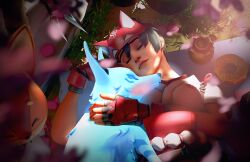 Rule 34 | 1girl, 3d, absurdres, animal, animal hug, closed eyes, cuddling, donut, food, fox, fox mask, grass, green hair, half mask, highres, ingyuarts, kiriko (overwatch), kunai, mask, overwatch, rope belt, sleeping, stuffed animal, stuffed toy, weapon