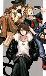 3boys arm_up belt belt_buckle black_belt black_gloves black_headwear black_jacket black_pants black_shirt blue_eyes blue_shirt brown_hair buckle chaps clenched_hand coat cowboy cowboy_hat cropped_jacket crossed_arms denim earrings final_fantasy final_fantasy_viii fingerless_gloves frown fur-trimmed_jacket fur_trim gloves grin hand_on_own_chin hand_on_own_face hand_on_own_foot hands_in_pockets hat highres irvine_kinneas jacket jeans jewelry leather leather_belt leather_pants long_coat long_hair male_focus multiple_belts multiple_boys necklace nishinsobha open_clothes open_coat open_jacket open_mouth pants red_footwear scar scar_on_face scowl shirt shoes short_hair short_sleeves simple_background sitting sleeve_cuffs smile spiked_gloves spiked_hair squall_leonhart wavy_hair western white_shirt zell_dincht