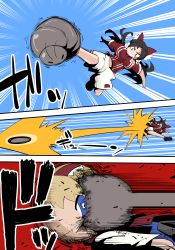 2girls alice_margatroid alternate_costume big_roach_(cookie) black_hair blonde_hair blue_eyes breasts bug cockroach commentary_request cookie_(touhou) emphasis_lines full_body gram_9 hakurei_reimu highres in_the_face insect kicking large_breasts lemi_(cookie) long_hair multiple_girls red_eyes red_shirt shirt short_sleeves shorts soccer soccer_uniform sportswear touhou white_shorts yuki_haruka