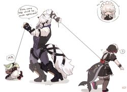 1boy 3girls ? alexandrina_sebastiane animal_ears ara_ara black_hair bloomers boots chibi chibi_inset commentary corin_wickes dress ellen_joe english_commentary english_text fins fish_tail full_body furry furry_male green_hair grey_hair height_difference holding holding_leash leash leash_pull long_hair lying maid maid_headdress meme multicolored_hair multiple_girls on_side pants pantyhose red_hair rough_day_for_mom_(meme) shark_tail shirt shoes short_hair speech_bubble spoken_emoji spoken_question_mark standing struggling tail two-tone_hair underwear vest von_lycaon walking white_hair wolf_boy wolf_ears wolf_tail yammyyml zenless_zone_zero