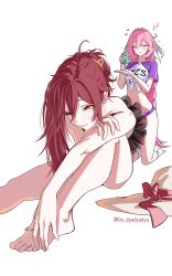 2girls applying_sunscreen bare_legs bare_shoulders barefoot bikini black_bikini blush bottle breasts buruma closed_eyes closed_mouth commentary couple dyadyadya eden_(honkai_impact) elf elysia_(herrscher_of_human:_ego)_(honkai_impact) elysia_(honkai_impact) elysia_(summer_2024)_(honkai_impact) frilled_bikini frills hat heart highres holding holding_bottle honkai_(series) honkai_impact_3rd long_braid long_hair multiple_girls musical_note navel official_alternate_costume one_eye_closed pink_hair pointy_ears purple_buruma purple_shirt red_hair shirt simple_background sitting smile socks stomach sun_hat swimsuit thighs tied_shirt toes twitter_username two-tone_shirt unworn_hat unworn_headwear very_long_hair white_background white_shirt white_socks yellow_eyes yuri