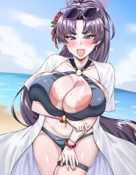Rule 34 | 1girl, absurdres, areola slip, arm under breasts, beach, bikini, black bikini, blue archive, blush, bracelet, breast lift, breasts, cleavage, earrings, eyeshadow, fang, flower, flower on head, hair ornament, halo, hand on own thigh, high ponytail, highres, huge breasts, jewelry, large areolae, lips, long hair, long shirt, makeup, navel, o-ring, o-ring bikini, o-ring thigh strap, ocean, open clothes, open mouth, open shirt, outdoors, pipienpippi, ponytail, purple-framed eyewear, purple eyes, purple hair, red eyeshadow, shirt, skin fang, sky, solo, standing, sunglasses, sunglasses on head, swimsuit, thigh strap, very long hair, white shirt, yukari (blue archive), yukari (swimsuit) (blue archive)