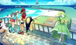 Rule 34 | 1boy, 3girls, alternate color, ariekochan, ass, bandana, beach, bench, bike shorts, bike shorts under shorts, blonde hair, blue shirt, blue sky, blush, breasts, brown eyes, brown hair, bucket hat, bulbasaur, cane, cloud, day, dress, drinking, facial hair, fanny pack, fence, formal clothes, gen 1 pokemon, gen 3 pokemon, gentleman (pokemon), gloves, green dress, grey hair, hand on cane, hat, highres, holding, holding cane, holding juice box, jacket, juice box, lady (pokemon), leaf (pokemon), leaning, lighthouse, lilycove city, long hair, long sleeves, loose socks, manectric, mawile, may (pokemon), mudkip, multiple girls, mustache, nintendo, ocean, outdoors, parted lips, pokemon, pokemon (creature), pokemon emerald, pokemon frlg, pokemon rse, porkpie hat, ralts, red bandana, red shirt, red skirt, seviper, shiny pokemon, shirt, short hair, shorts, shorts under shorts, sitting, skirt, sky, sleeveless, sleeveless shirt, smile, socks, suit, sun hat, swablu, teeth, water, white hat, wristband, yellow bag, zangoose