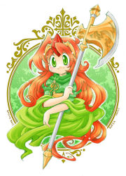 Rule 34 | 1girl, artist name, axe, blush, character name, curly hair, dated, female focus, final fantasy, final fantasy mystic quest, green eyes, karen (ffmq), leaf, long hair, orange hair, simple background, solo, tiara, tmbsrky, upper body, weapon, white background