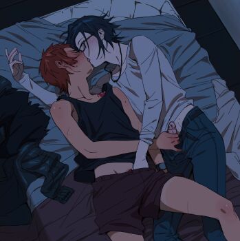 2boys bed belt black_belt black_hair black_tank_top blush brown_hair closed_eyes commentary english_commentary french_kiss fushimi_saruhiko handjob highres jewelry k-project kiss long_sleeves male_focus male_pubic_hair multiple_boys necklace on_bed open_pants pants penis pubic_hair rectangular_eyewear short_hair shorts skinny tan tank_top tanline thighs treslech3s watch wristwatch yaoi yata_misaki