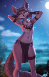 1girl animal_ears armpits blunt_bangs blurry blurry_background brown_eyes brown_hair cleft_of_venus flat_chest fox_ears fox_girl fox_tail furry highres jewelry khiara_(personal_ami) lips loincloth looking_at_viewer navel necklace night original outdoors personal_ami short_hair smile solo standing tail thigh_strap tooth_necklace tribal vambraces