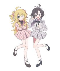 2girls :d :o ahoge antenna_hair bad_id bad_twitter_id black_eyes black_hair black_ribbon black_shoes blonde_hair blush collared_shirt full_body green_eyes grey_jacket grey_skirt hair_ribbon highres hoshii_miki idolmaster idolmaster_(classic) jacket kikuchi_makoto leg_up long_hair long_sleeves looking_at_viewer mary_janes multiple_girls neck_ribbon one_eye_closed open_clothes open_jacket open_mouth parted_lips pink_jacket pink_ribbon pink_skirt plaid_clothes plaid_jacket plaid_skirt pnt_0202 ribbon shirt shoes short_hair simple_background skirt sleeves_past_wrists smile socks standing standing_on_one_leg two_side_up white_background white_shirt white_socks