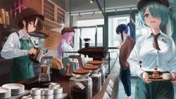 4girls absurdres apron arius_squad_(blue_archive) atsuko_(blue_archive) barista black_necktie blue_archive blue_eyes blue_hair bocchi_(kuropom7) bottle breasts brown_eyes brown_hair brown_hat cabinet cafe closed_eyes coffee coffee_beans coffee_grinder coffee_maker coffee_pot collared_shirt counter cup disposable_cup door dress_shirt food green_apron green_eyes green_hair hair_over_one_eye hat high_ponytail highres hiyori_(blue_archive) holding holding_kettle holding_tray indoors jacket jacket_on_shoulders kettle large_breasts long_hair looking_down low-tied_long_hair menu_board misaki_(blue_archive) multiple_girls necktie peaked_cap pink_hair plate ponytail saori_(blue_archive) shirt short_hair short_necktie sidelocks tray white_shirt window
