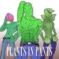 3boys abs arm_behind_head belt bud cactus commentary denim english_commentary english_text flower gradient_background hand_on_own_hip hands_on_own_hips japhers jeans leaf lowres multiple_boys navel original pants personification pink_flower pink_tulip sketch topless_male tulip