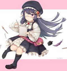 1girl bag beret black_cola black_dress black_hat black_ribbon black_shoes black_socks blush character_name closed_mouth commentary_request dress eyepatch female_focus granblue_fantasy harvin hat heart heart-shaped_pupils highres holding inkwell kneehighs long_hair long_sleeves lunalu_(granblue_fantasy) notepad pointy_ears purple_eyes purple_hair quill ribbon shirt shoes shoulder_bag sleeveless sleeveless_dress socks solo striped_ribbon symbol-shaped_pupils v-shaped_eyebrows very_long_hair white_shirt wide_sleeves