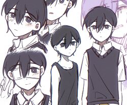 Rule 34 | 2boys, antenna hair, bailan1130, black eyes, black hair, black sweater vest, black tank top, blush, bright pupils, closed mouth, collared shirt, crying, dual persona, expressionless, eyepatch, highres, looking at viewer, male focus, multiple boys, omori, omori (omori), open mouth, revision, shirt, short hair, short sleeves, smile, spoilers, sunny (omori), sweater vest, tank top, white pupils, white shirt