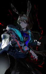 1girl absurdres amiya_(arknights) animal_ears aqua_eyes arknights black_background black_jacket black_pantyhose brown_hair chromatic_aberration closed_mouth commentary_request feet_out_of_frame frown highres jacket jewelry lemtun long_hair long_sleeves looking_to_the_side magic material_growth multiple_rings originium_arts_(arknights) oripathy_lesion_(arknights) pantyhose ring solo standing