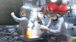 beaker black_bow black_nails blue_eyes blue_hair blurry blurry_background bow burning chalkboard chemistry colored_skin double_bun dropper fins fish_tail gawr_gura grey_hair hair_bow hair_bun hair_ornament heterochromia hololive hololive_english hololive_indonesia hotplate huge_bow infi kureiji_ollie lab_coat long_hair long_sleeves math multicolored_hair multiple_girls nail_polish open_mouth patchwork_skin pink_hair red_bow red_eyes red_hair science shark_girl shark_hair_ornament shark_tail stitched_face stitches tail teeth test_tube upper_teeth_only virtual_youtuber writing yellow_eyes zombie