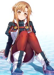 Rule 34 | 1girl, absurdres, asuna (sao), augma, black dress, boots, braid, brown eyes, brown hair, dress, half up braid, high heels, highres, long hair, long sleeves, looking at viewer, pantyhose, red pantyhose, shoes, skirt, sword art online, sword art online the movie: ordinal scale, very long hair, white background, white skirt, yoru kiri