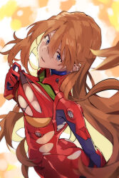 1girl ass blue_eyes bodysuit breasts brown_hair curvy evangelion:_3.0+1.0_thrice_upon_a_time floating_hair from_below hair_down highres large_breasts legs long_hair mecha_pilot_suit neon_genesis_evangelion no_bra parted_lips plugsuit_(evangelion) pulling_own_clothes rebuild_of_evangelion red_bodysuit shiny_clothes shiny_skin smile solo souryuu_asuka_langley teasing thighs tongue torn_bodysuit torn_clothes very_long_hair wide_hips yagisawa_teru