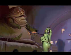 1boy 1girl alien ass breasts colored_sclera colored_skin demogoron eyeshadow fishnet_top fishnets green_skin holding holding_leash indoors jabba_the_hutt large_breasts leash letterboxed makeup nipples oola purple_eyeshadow red_lips star_wars tongue tongue_out twi&#039;lek yellow_sclera