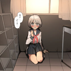 1boy absurdres black_skirt black_socks blush classroom crossdressing curtains grey_eyes highres initsukkii male_focus miniskirt nervous_sweating original pleated_skirt red_ribbon ribbon school_uniform serafuku sitting skirt socks solo speech_bubble sweat trap white_hair window