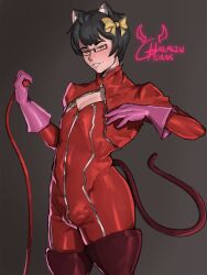animal_ears bow bulge cat_ears cat_tail catsuit cosplay crossdressing crossplay gloves gremlinhorns hair_bow highres jocat latex persona persona_5 tail takamaki_anne trap whip zipper