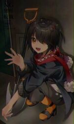 1boy black_coat black_hair coat fang grey_pants hair_ornament hairclip highres inana looking_at_viewer male_focus mashiro_meme mashiro_meme_(1st_costume) nijisanji open_mouth orange_socks pants red_scarf sandals scarf shovel socks solo squatting teeth upper_teeth_only virtual_youtuber watermark yellow_eyes