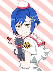 1girl aika_granzchesta animal aria_(manga) black_cat blue_hair bow bowtie brown_eyes cat closed_mouth dress earrings eyelashes hair_between_eyes hair_ornament hairclip hat heart highres hime_granzchesta himeya_company_uniform holding holding_animal holding_cat jewelry kuronekoyanagi looking_at_viewer pink_background red_bow red_bowtie red_hat sailor_collar short_hair sidelocks smile striped_background two-tone_background two-tone_hat upper_body white_background white_dress white_hat