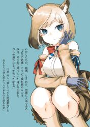 1girl akami_(sakanaakami) animal_ears animal_print back_bow blue_background blue_bow blue_bowtie blue_eyes blue_gloves blush bow bowtie brown_hair brown_skirt brown_sleeves brown_socks collared_shirt detached_sleeves gloves high-waist_skirt highres kemono_friends multicolored_bow multicolored_bowtie multicolored_hair print_skirt print_socks red_bow red_bowtie shirt short_hair sidelocks skirt socks solo squatting striped_bow striped_bowtie striped_clothes tail tasmanian_tiger_(kemono_friends) tiger_print translation_request white_bow white_bowtie white_hair white_shirt