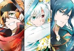 3boys allen_walker black_headband blue_eyes blue_hair brown_hair closed_mouth collarbone d.gray-man earrings eyepatch facial_scar floating_hair green_eyes grin hair_between_eyes headband heterochromia holding holding_sword holding_weapon jewelry kanda_yuu lavi long_hair looking_at_viewer male_focus multiple_boys red_eyes scar scar_on_cheek scar_on_face short_hair shumiko_(kamenokoueki) silver_hair smile split_screen sword upper_body weapon