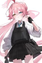 Rule 34 | 1girl, absurdres, ahoge, black gloves, blue archive, blue eyes, blue necktie, blush, bulletproof vest, collared shirt, fingerless gloves, gloves, halo, heterochromia, highres, hoshino (armed) (blue archive), hoshino (blue archive), huge ahoge, layer (shinobu), long hair, necktie, official alternate costume, official alternate hairstyle, pink hair, pink halo, school uniform, shirt, simple background, skirt, sleeves rolled up, solo, tactical school uniform, vest, white background, white shirt, yellow eyes