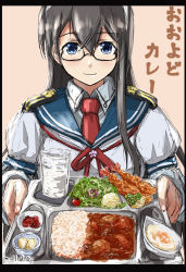 1girl alcohol beef black_hair blue_eyes blue_sailor_collar blush bow bowtie brown_background carrot closed_mouth collared_shirt cowboy_shot cup curry curry_rice egg egg_(food) food gari_(food) garlic glasses hair_between_eyes hairband highres hiragana holding kantai_collection katakana lettuce long_hair long_sleeves looking_at_viewer necktie ooyodo_(kancolle) plate potato red_neckwear rice sailor_collar sake salad school_uniform seitei_(04seitei) semi-rimless_eyewear serafuku shirt shirt_under_shirt short_sleeves shrimp shrimp_tempura simple_background smile solo tempura tomato twitter_username white_hairband white_shirt