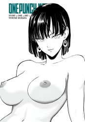 1girl bhat_karthik breasts earrings eyelashes fubuki_(one-punch_man) highres jewelry large_breasts lips looking_at_viewer lopsided-elk1011 monochrome murata_yuusuke nude_filter one-punch_man short_hair solo third-party_edit