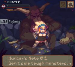 1girl animated animated_gif badcolor barioth_(armor) blonde_hair breasts breasts_out headband monster monster_hunter_(series) pixel_art rajang squatting