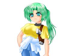 1girl arm_at_side blue_eyes blue_pants breasts closed_mouth clothes_around_waist empty_eyes eyes_visible_through_hair game_cg green_hair gun hand_in_pocket higurashi_no_naku_koro_ni holster large_breasts large_variant_set light_frown long_hair nose pants parted_bangs ponytail ryukishi07 shirt shirt_around_waist slit_pupils sonozaki_mion variant_set weapon white_shirt yellow_shirt