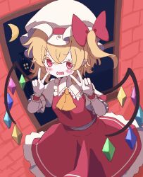 1girl ascot blonde_hair cowboy_shot crescent_moon crystal crystal_wings double_v flandre_scarlet hat hat_ribbon highres indoors looking_at_viewer mob_cap moon night night_sky open_mouth puffy_short_sleeves puffy_sleeves red_eyes red_skirt red_vest ribbon shirt short_sleeves side_ponytail skirt sky smile solo touhou user_eszm7488 v vest window wings wrist_cuffs yellow_ascot