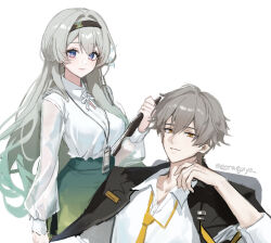 Rule 34 | 1boy, 1girl, alternate costume, black coat, black hairband, blue pupils, caelus (honkai: star rail), coat, firefly (honkai: star rail), grey hair, hair intakes, hairband, highres, honkai: star rail, honkai (series), meoyo, multicolored eyes, open clothes, open coat, simple background, trailblazer (honkai: star rail), two-tone eyes, white background, yellow eyes