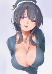 1girl beret black_hair blue_hat blue_sweater breasts cleavage collarbone female_focus hair_between_eyes hat highres kantai_collection large_breasts looking_to_the_side low-cut open_mouth pekoni_(peconi) red_eyes short_hair solo sweater takao_(kancolle) upper_body