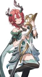 absurdres bare_shoulders blush boots breasts ciaccona_(wuthering_waves) collarbone commentary dress frilled_wrist_cuffs frills green_eyes green_jacket highres holding holding_microphone_stand jacket looking_at_viewer medium_breasts microphone_stand open_mouth pointy_ears red_hair shengwr short_hair simple_background smile tacet_mark_(wuthering_waves) thigh_boots thighs tree_horns white_background white_dress white_wrist_cuffs wrist_cuffs wuthering_waves yellow_pupils