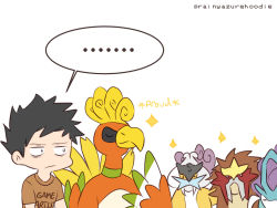 1boy 9koma bird black_hair brown_shirt comic commentary english_commentary english_text entei gen_2_pokemon ho-oh legendary_pokemon male_focus nintendo original pokemon pokemon_(creature) pokemon_gsc pokemon_gsc_(prototype) raikou rainyazurehoodie shirt short_sleeves simple_background spiked_hair suicune white_background