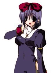 1girl black_thighhighs blush bow breasts brown_eyes commentary_request cross cross_necklace dress hair_bow jewelry juliet_sleeves long_sleeves looking_at_viewer medium_breasts necklace open_mouth priest_(ragnarok_online) puffy_sleeves purple_dress purple_hair ragnarok_online red_bow short_hair side_slit simple_background solo thighhighs white_background yakou_(innocent_chapel)