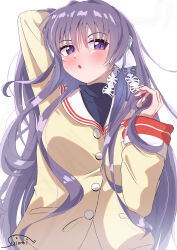 Rule 34 | 1girl, :o, absurdres, arm behind head, blazer, blush, buttons, clannad, commentary, eyes visible through hair, floating hair, fujibayashi kyou, hair between eyes, hair intakes, hair ribbon, hand up, highres, hikarizaka private high school uniform, jacket, long hair, long sleeves, looking at viewer, open mouth, purple eyes, purple hair, ribbon, sailor collar, school uniform, serafuku, sidelocks, simple background, solo, suimei (ramebi3), tress ribbon, turtleneck, upper body, very long hair, white background, white ribbon, white sailor collar, wide sleeves, yellow jacket
