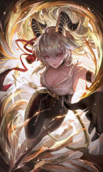 1girl arm_strap black_choker black_gloves black_horns black_pants black_tail breasts bright_pupils bunnyhopart choker clenched_hand closed_mouth commentary curled_horns gloves grey_hair hair_between_eyes horns incoming_attack incoming_punch large_breasts long_hair looking_at_viewer making-of_available necktie necktie_around_wrists pants punching red_eyes red_necktie revision shirt shirt_tucked_in solo torn_clothes torn_shirt white_pupils white_shirt wuthering_waves zani_(wuthering_waves)