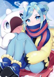 1boy :d absurdres altaria black_shirt blue_eyes blue_footwear blue_hair blue_mittens blue_pants blurry blurry_background boots brown_jacket cetitan chiitamu commentary_request covered_mouth day depth_of_field fringe_trim gen_3_pokemon grusha_(pokemon) highres hugging_own_legs jacket knees_up long_sleeves looking_at_viewer male_focus mittens multicolored_hair nintendo open_mouth outdoors pants pokemon pokemon_(creature) pokemon_sv puffy_long_sleeves puffy_sleeves scarf shirt shoe_soles sitting smile snow streaked_hair swept_bangs thick_eyebrows toboggan