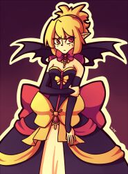 Rule 34 | 1girl, bat wings, blonde hair, bow, breasts, daigada, demon girl, detached sleeves, disgaea, dress, frown, highres, holding own arm, jewelry, light frown, makai senki disgaea 2, medium breasts, pointy ears, red bow, red eyes, rozalin, short hair, solo, strapless, strapless dress, wings
