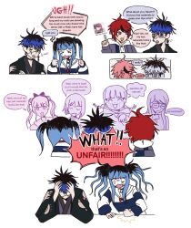 3boys 4girls amemiya_darumi black_bow black_hair blue_eyes blue_hair bow comic earrings eyepatch glasses haro4869 highres japanese_clothes jewelry mojiro_moko multicolored_hair multiple_boys multiple_girls omokage_yugamu red_hair shizuhara_hiruko speech_bubble striped_clothes sumino_takumi sumino_takumi&#039;s_mother the_hundred_line_-last_defense_academy- tsukumo_ima tsukumo_kako twintails white_background