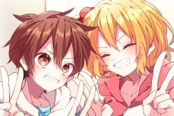 Rule 34 | 1boy, 1girl, amamiya hibiya, blonde hair, blush, brown eyes, brown hair, clenched teeth, closed eyes, collarbone, commentary request, double-parted bangs, double v, hair between eyes, hair ornament, hair scrunchie, hands up, hood, hood down, hoodie, kagerou project, kaho 0102, kisaragi momo, one side up, portrait, red scrunchie, scrunchie, short hair, teeth, v, v-shaped eyebrows, white hoodie