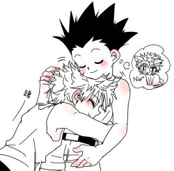 2boys armpits artist_request blush caressing cat child closed_eyes gon_freecss hug hunter_x_hunter killua_zoldyck madhouse multiple_boys shirt shorts shounen_jump sleeveless sleeveless_shirt smile spiked_hair yaoi