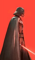 1boy armor belt black_armor black_belt black_cape black_headwear cape chun_lo darth_vader energy_sword facing_to_the_side from_side helmet highres holding holding_sword holding_weapon lightsaber male_focus red_background red_lightsaber red_theme simple_background sith solo standing star_wars sword weapon